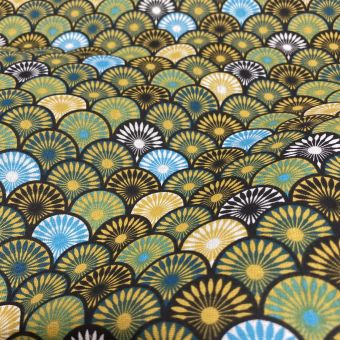 Tissu cretonne enduite éventails vert