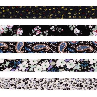 Lot 5 biais coton 1cm x 1m fleurs noir blanc