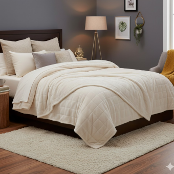 Boutis velours fourrure carreaux écru 230 x 250 cm.