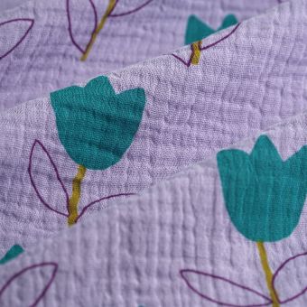Tissu double gaze tulipes vert parme