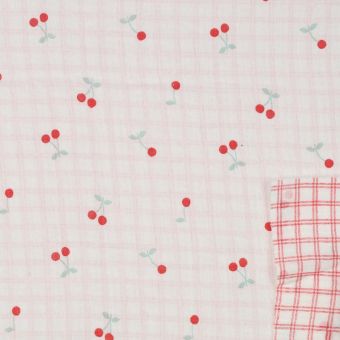 Tissu double gaze bio rouge réversible cerise et carreaux