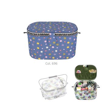 Boite à couture motif fleurs sur fond bleu jean 21x31x17,5 cm