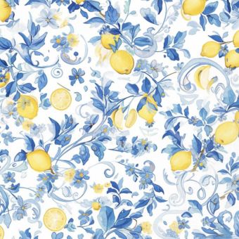 Tissu Impermeable Citrons Vintage Bleu, coupon 1m x laize (155cm)