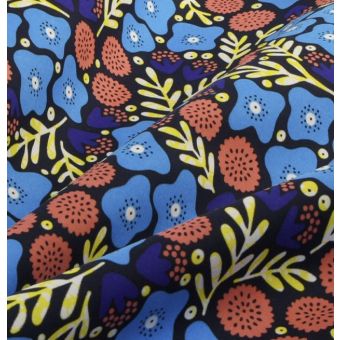 Tissu wax multico floral moderne bleu marron