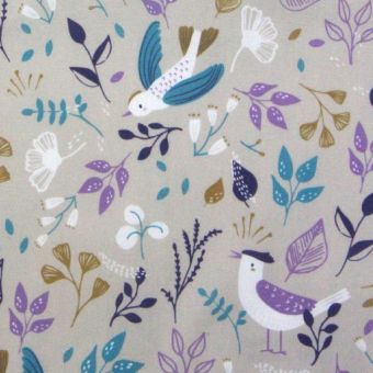 Tissu cretonne coton taupe imprimé plantes et oiseaux violets