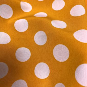 Tissu polyester à gros pois blanc fond jaune