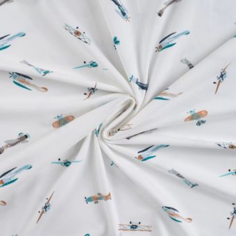 Maille jersey coton imprimée avion vintage blanc
