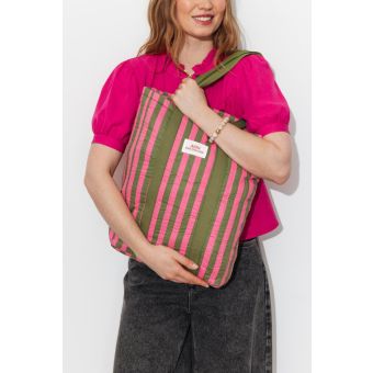 Kit couture Sidonie sac cabas imprimé rayures vert olive et rose - Promod Couture