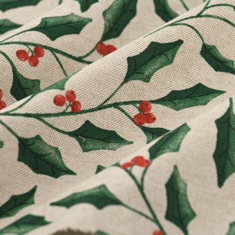 Tissu bachette de Noël linen look holly houx naturel