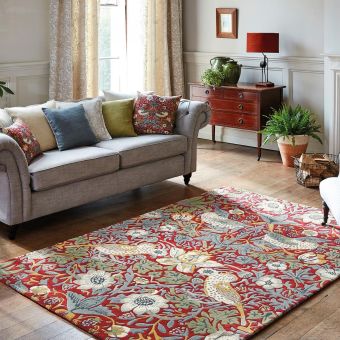 Tapis salon et chambre fait à la main en laine motif floral STRAWBER, rouge, bleu
