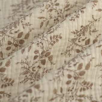 Tissu double gaze mini bouquet brun écru
