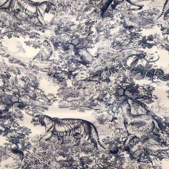 Tissu satin de soie bleu imprimé jungle esprit toile de jouy - Origine Italie