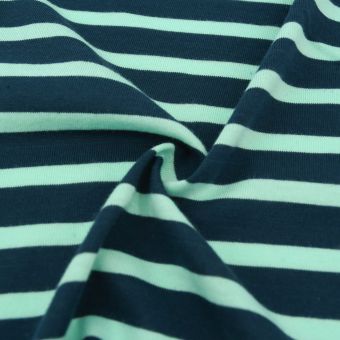 Maille jersey coton peigné bleu marine rayé vert pastel - Origine France