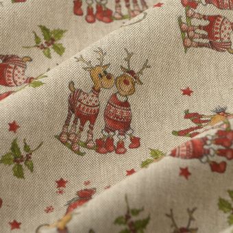 Tissu bachette de Noël linen look rennes multicolore