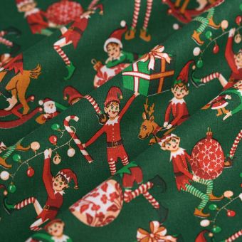 Tissu cretonne de Noël lutin farceur vert 