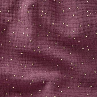 Tissu Double gaze pois doré fond violet bois de rose