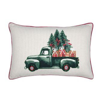 Coussin de Noël rectangulaire écru rayé motif sapin dos rouge 35 x 55cm