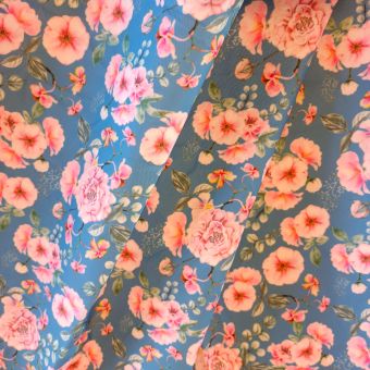 Coupon 100x100cm Toile imperméable roses sur fond bleu