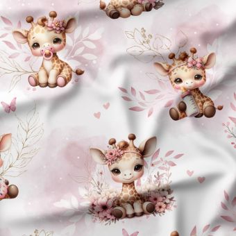 Tissu Jersey coton Bébé Girafe Pastel Rose par mètre