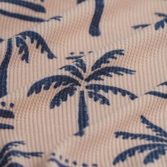 Tissu maille nid d'abeille polyester palmier bleu rose