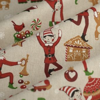 Tissu bachette de Noël linen look lutins rouge