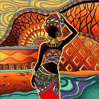 Carré de tissu jacquard belle africaine sur fond orange 45 x 45 cm