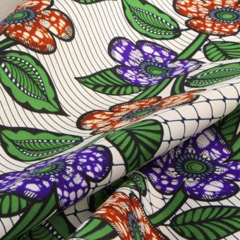 Tissu wax écru rayé et fleurs XL