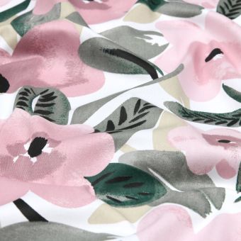 Tissu sergé coton imprimé belle fleur rose