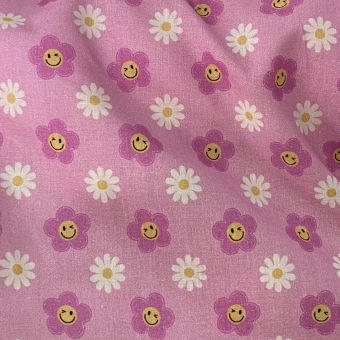 Tissu coton imprimé pâquerette et smiley rose