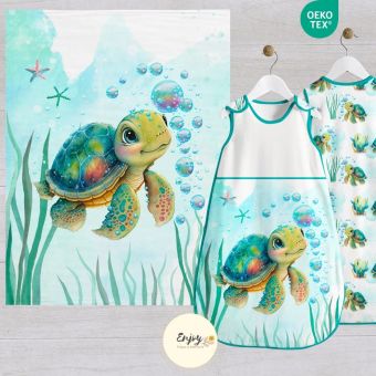 Panneau 100% Coton pour Couverture & Gigoteuse Bébé Animaux Océan Tortue Bleue