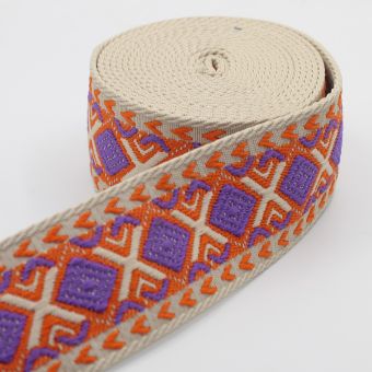 Ruban sangle ecru motif losange ethnique violet et orange 50mm