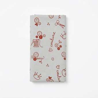 Coupon tissu 100% coton motif couture rouge 45x55cm bleu gris