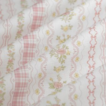 Tissu popeline coton bouquet vichy ligne rose