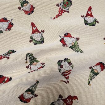 Tissu jacquard de Noëm imprimé petits lutins beige