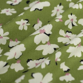 Tissu popeline viscose fleurs blanc vert