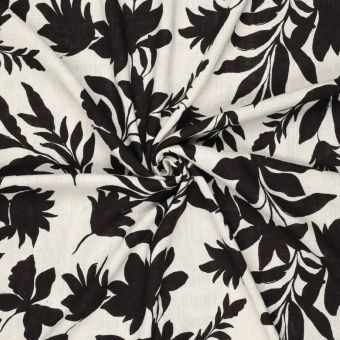 Toile lin viscose motifs fleurs noires écru