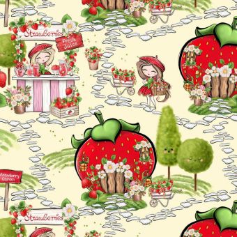 Tissu Softshell Fraises Jardin, coupon 1m x laize (145cm)
