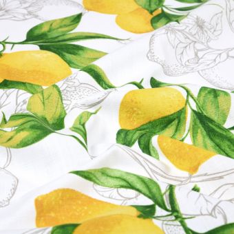 Tissu bachette slub imprimé branches citronniers citron