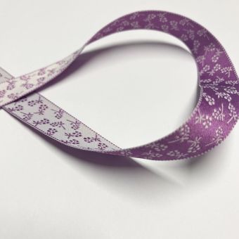 Ruban satin fleurs réversible 16 mm blanc et violet