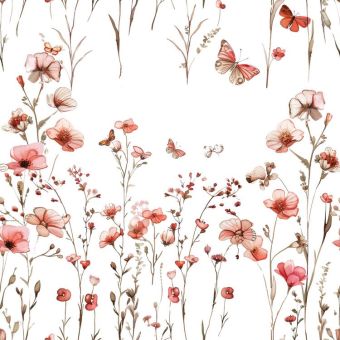 Tissu Satin de Coton Fleurs Aquarelle Rose Papillons, coupon 1m x laize (160cm)