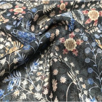 Tissu Liberty soie bleu fleurs feuilles