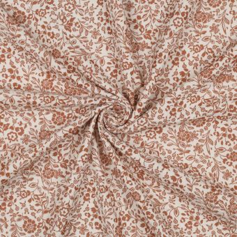 Tissu double gaze feuillage fleuri caramel écru