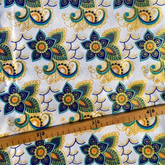 Tissu Wax pailleté bleu blanc doré imprimé Fleurs - 50x120cm