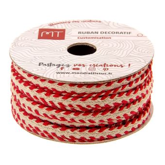 Bobine cordon tressé rouge et blanc 6 mm