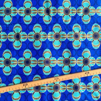 Tissu Wax pailleté bleu doré imprimé Fleurs - 50x120cm