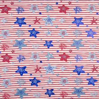 Tissu jersey coton rayure étoile foil  rouge