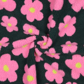 Tissu polaire sherpa grande marguerite rose vert