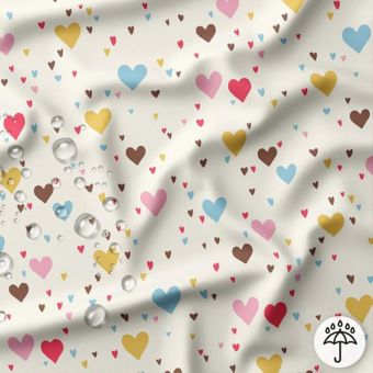 Tissu imperméable cœurs multico écru