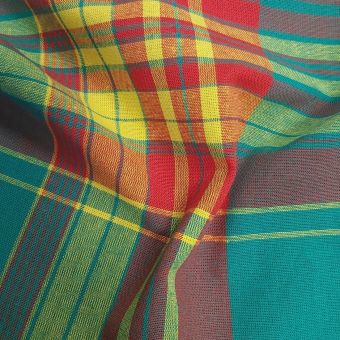 Tissu madras à carreaux vert et rouge lignes jaunes