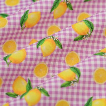 Tissu cretonne vichy citron mauve